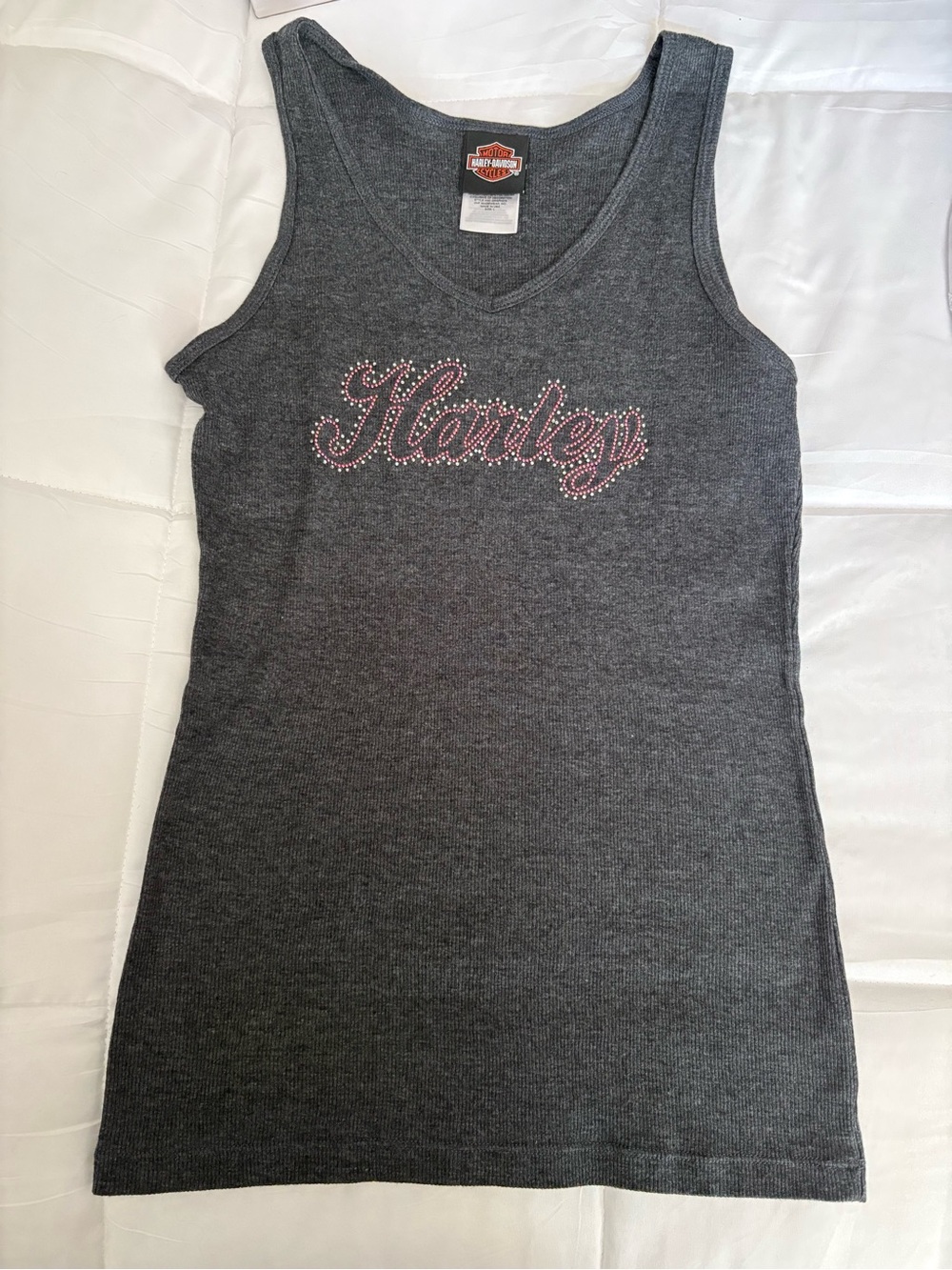Harley-Davidson Dark Gray Tank with Pink Rhinestone Script
